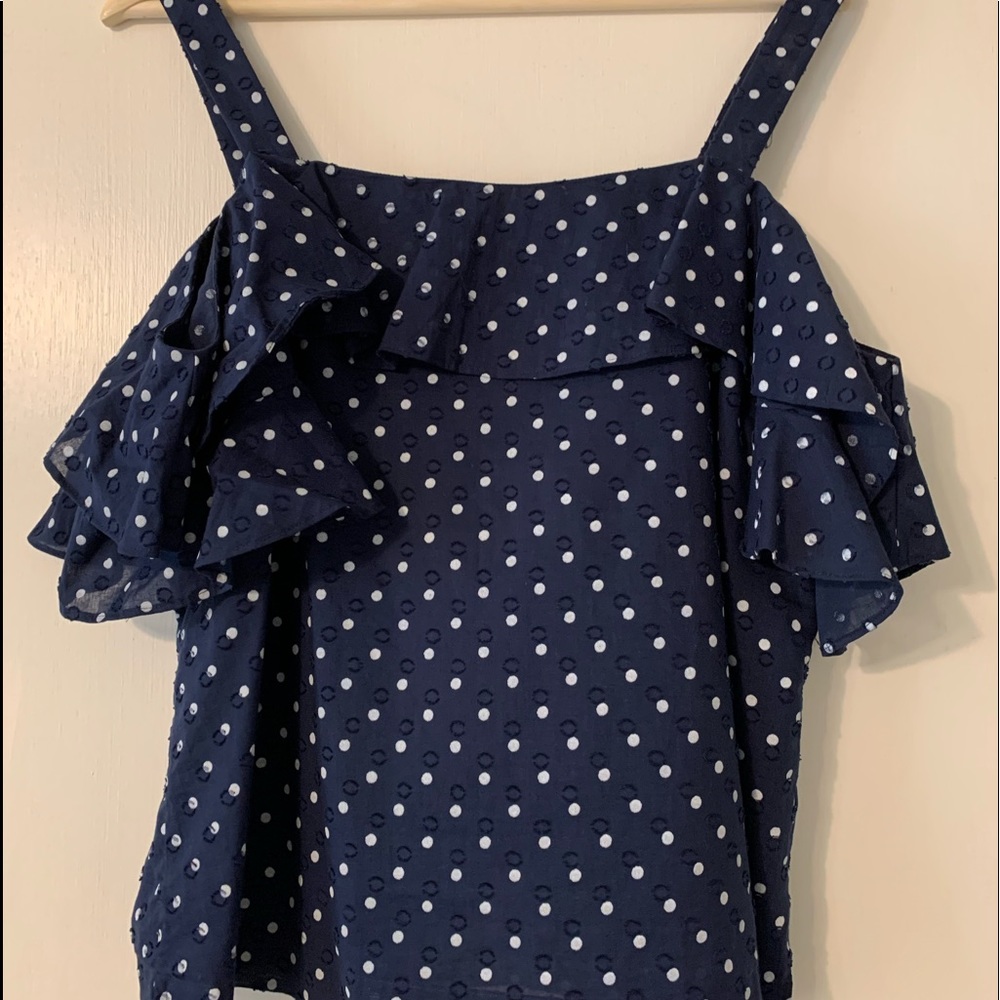 J Crew Navy Polka Dot Off Shoulder Blouse